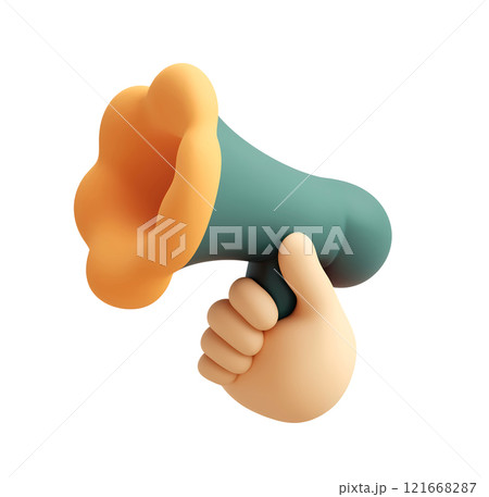 A 3D rendering of a cartoon hand holding a stylized megaphone. 121668287