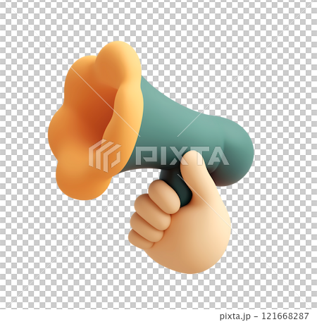 A 3D rendering of a cartoon hand holding a stylized megaphone. 121668287