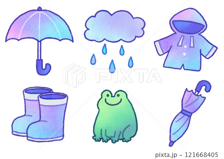水彩風のかわいい雨の日イラストセット 121668405