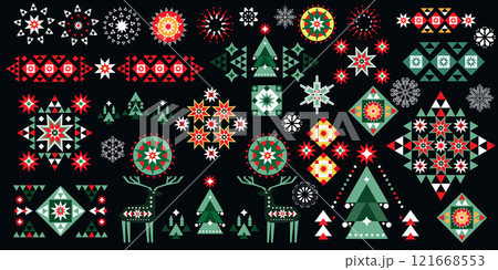 Merry Christmas Happy New Year 2025   Holiday winter nordic decor Vintage scandinavian deer, tree, ball, border, wreath, snowflake 121668553