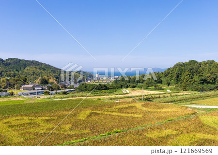 糸島市ニ丈の田んぼアート展望台から海を臨む 121669569