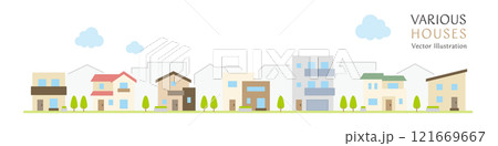 シンプルなデザインの住宅が並ぶ、街並みのベクターイラストレーション 121669667