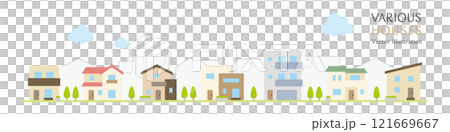 シンプルなデザインの住宅が並ぶ、街並みのベクターイラストレーション 121669667