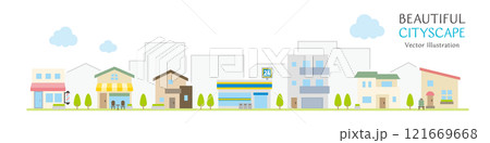 シンプルなデザインのお店や住宅が並ぶ、街並みのベクターイラストレーション 121669668