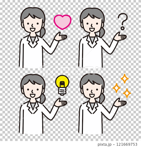 Women in white coats holding up icons such as hearts (doctors, pharmacists, nutritionists, researchers) 121669753