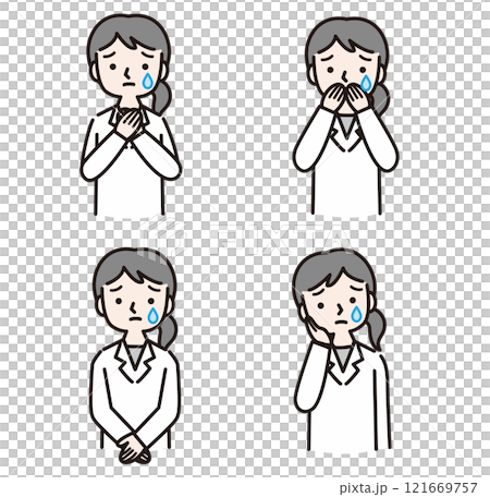 A woman in a white coat with a sad expression (doctor, pharmacist, nutritionist, researcher) A woman in a white coat with a sad expression (doctor, pharmacist, nutritionist, researcher) 121669757
