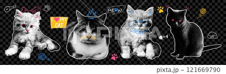 Set of halftone cats with doodle elements. Vector elements in pop art style. Y2k collage design. Set of halftone cats with doodle elements. Vector elements in pop art style. Y2k collage design. 121669790