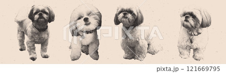 Trendy punk halftone collage dog set. Cute puppy in different poses. Collection of retro elements in photocopy style. 121669795