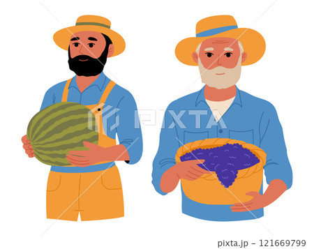 Men farmers with crops in hand. Festival of watermelon and grapes. Farming and agriculture. Men farmers with crops in hand. Festival of watermelon and grapes. Farming and agriculture. 121669799