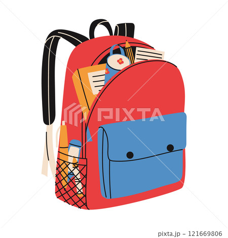 Colorful school bag. Backpack with study supplies. Pencil case, books, marker, pen. Back to school concept 121669806