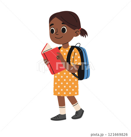 Happy school girl with school backpack reading book. Education concept. Hand drawn illustration 121669826