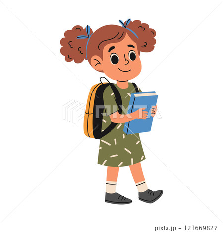 Elementary school girl with school bag and book. Back to school concept. Hand drawn illustration 121669827