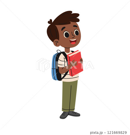 Elementary school boy with backpack and book goes to school. Education concept. Hand drawn illustration 121669829