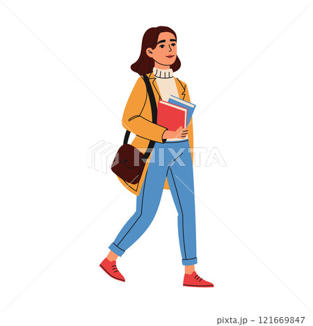 High school girl with bag holding books. Education concept. Hand drawn style High school girl with bag holding books. Education concept. Hand drawn style 121669847