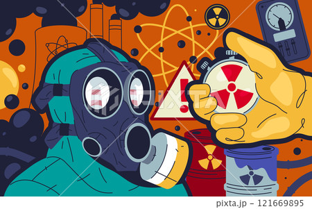 Radiation and nuclear power plant hazard banner. Vector clipart for warning about radioactive contamination, industrial risks, atomic power safety. Naution, emergency alert, environmental protection. 121669895