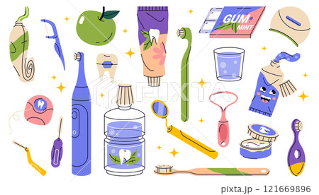 Set of dental tools or oral care items. Vector icon of mouth cleaning and teeth whitening, tooth brushing accessory. Orthodontic equipment. Toothbrush and gum, rinse and tongue scraper, toothpaste. 121669896