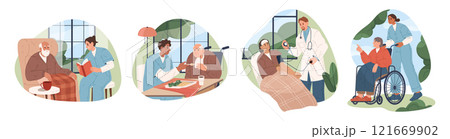 Vector set of elderly care illustration or cartoon nursery home clipart. Aged people support or old patient service. Convalescent, retirement facility attention. Feeding, reading, walking,medical aid. 121669902