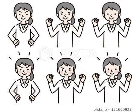 ガッツポーズで応援する白衣の女性(医師・薬剤師・栄養士・研究員) ガッツポーズで応援する白衣の女性(医師・薬剤師・栄養士・研究員) 121669922