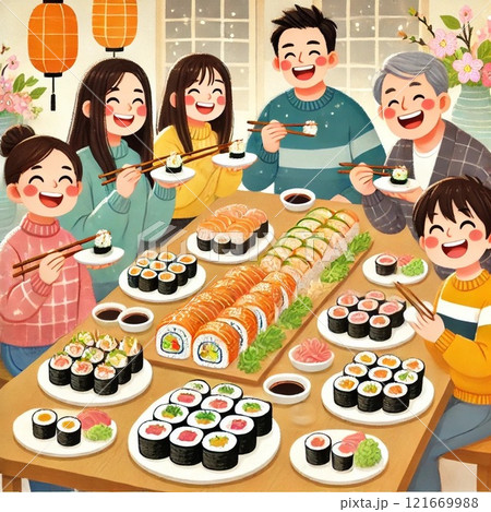 家族で食べる賑やかな恵方巻 家族で食べる賑やかな恵方巻 121669988