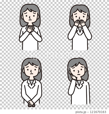 困り顔の白衣の女性（医師・薬剤師・栄養士・研究員） 121670163