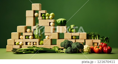 Equilibrium food balance diet concept. Balancing pyramid or tower of vegetables. Generative AI 121670411