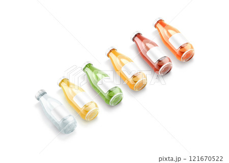 Blank transparent glass bottle with different juice taste mockup, isolated 121670522