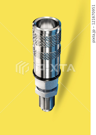 Euro standard Hydraulic quick couple for quick connect fitting. Made of stainless steel for join hose oil, water and air. Isolated on yellow background. 3D render  121670951