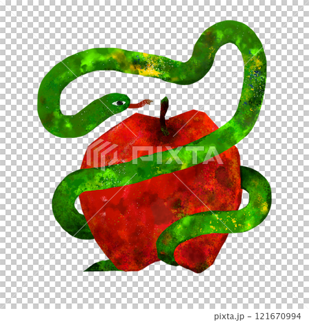 Collage of a snake coiling around an apple 121670994