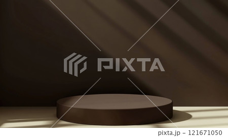 Empty round podium on chocolate background with sunlight and shadows 121671050