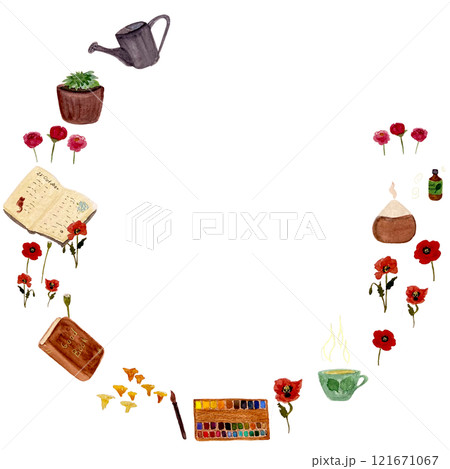 A women favorite things: a book, essential oil diffuser, a tea, poppies, mushrooms, a diary frame. Isolated on white. Watercolor sketch illustrations great for tote bag, posters, card, notebook design A women favorite things: a book, essential oil diffuser, a tea, poppies, mushrooms, a diary frame. Isolated on white. Watercolor sketch illustrations great for tote bag, posters, card, notebook design 121671067