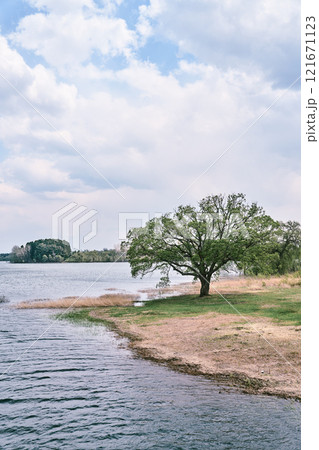 広がる青空と湖畔の風景の静寂 広がる青空と湖畔の風景の静寂 121671123