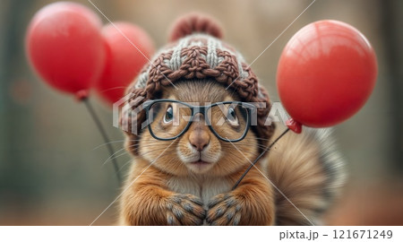 Squirrel with balloons in cozy knitted hat 121671249
