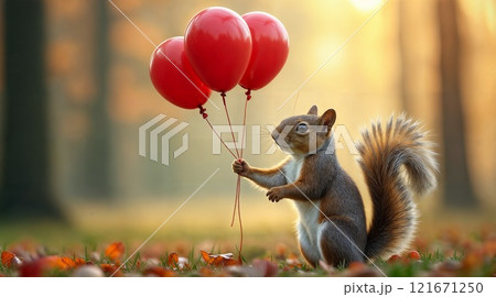 Squirrel holding red balloons in autumn park 121671250