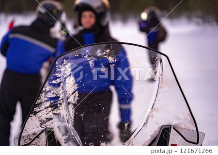 Snowmobile expedition Aurora Northern Lights in Lapland Inari Nellin Lake forest Snowmobile expedition Aurora Northern Lights in Lapland Inari Nellin Lake forest 121671266