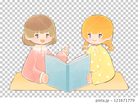 一緒に本を読む子ども達　女の子たち 121671779