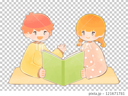 一緒に本を読む子ども達 男の子と女の子 一緒に本を読む子ども達 男の子と女の子 121671781