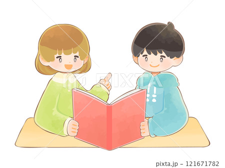 一緒に本を読む子ども達　女の子と男の子 121671782