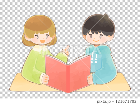 一緒に本を読む子ども達　女の子と男の子 121671782