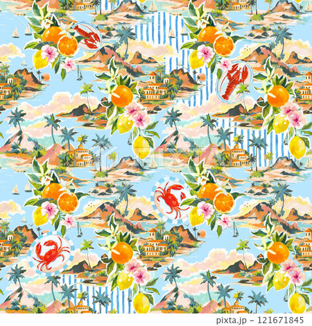Beautiful tropical seamless pattern with hand drawn paradise islands with mountains and palm trees on beaches with ocean and clouds in sky. Ready tropical print design. 121671845