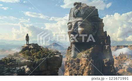 Digital painting of a traveler exploring a land of ancient statues 121671991