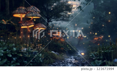 A magical forest at twilight, filled with glowing mushrooms and dancing fireflies 121671994