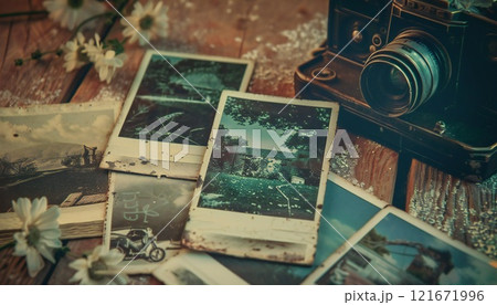 A nostalgic moment captured on a vintage Polaroid photo 121671996