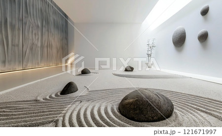 A minimalist room with simple stones and heated sand 121671997