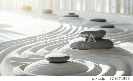 A tranquil Zen garden with minimal elements such as stones and sand 121671998