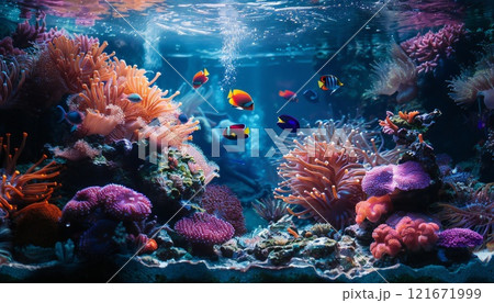 A colorful underwater scene with fish swimming among coral reefs 121671999