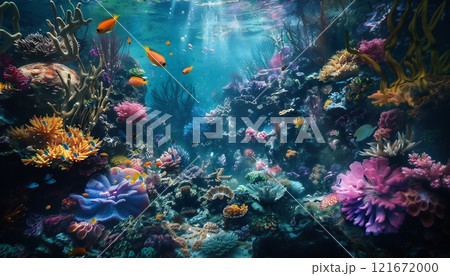 Vibrant coral reefs and colorful fish in an underwater ballet 121672000