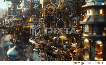 A steampunk world filled with intricate gears and brass machinery 121672001