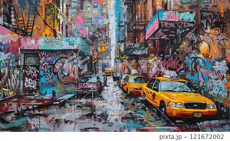 Colorful street scene decorated with bright graffiti and murals, street art 121672002