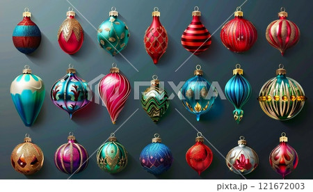 A colorful display of festive Christmas ornaments and decorations, can be used in for advertising purposes 121672003