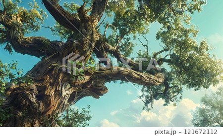 Large tree against a blue sky, symbolizing nature and landscape 121672112
